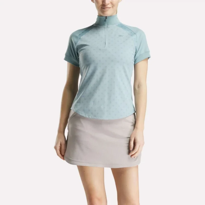 Top de manga corta con cremallera de 1/4 y estampado mini argyle para mujer Top de manga corta con cremallera de 1/4 y estampado mini argyle para mujer